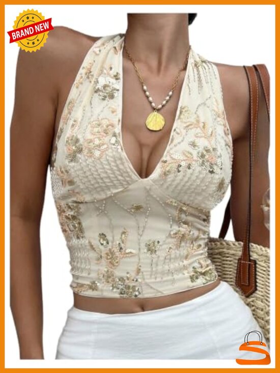 Tops - Sequin Floral Halter Crop Tank Top Y2k Deep V Neck Backless Slim Fit